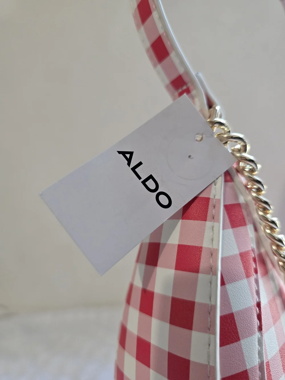 Aldo Red and White Gingham Crescent Shoulder Bag with Gold Chain